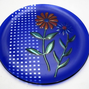 Signed Foster Studio Art Fused Art Glass Floral Flower Plate