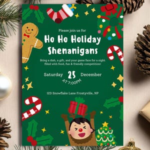 Ho Ho vakantie shenanigans bewerkbare kerstuitnodiging, Friendsmas Christmas Party uitnodiging sjabloon, feestuitnodiging vakantie, mobiele Evite