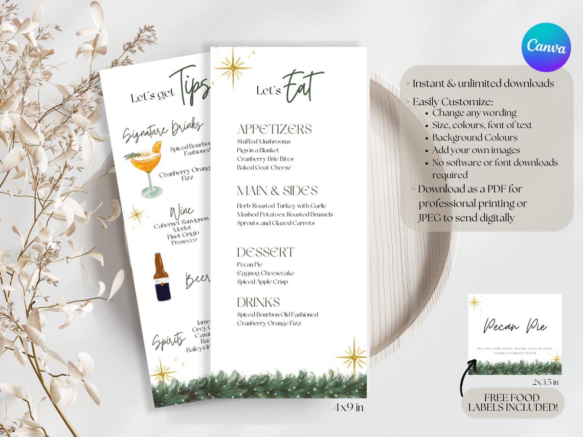 Toasty and Tipsy Christmas Dinner Menu and Bar Sign Template, Printable ...