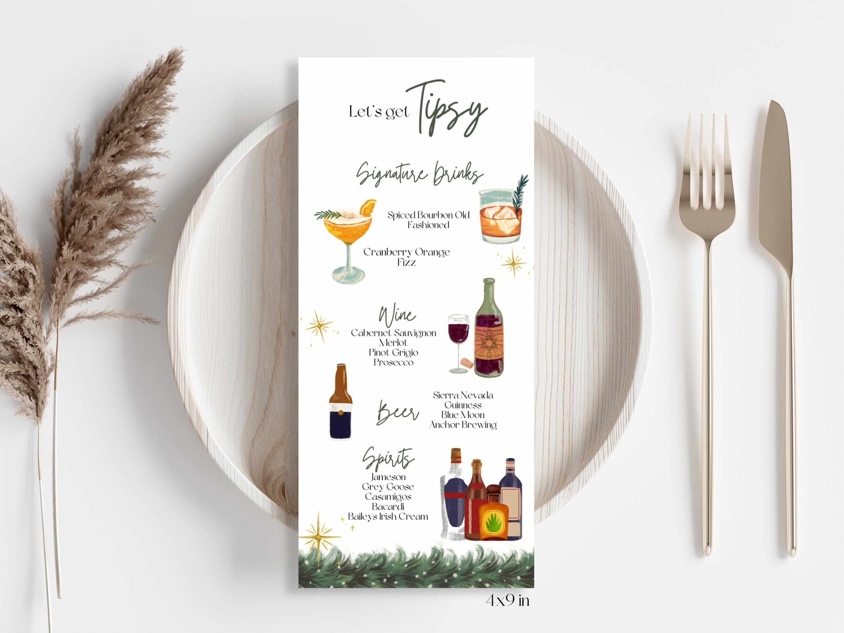 Toasty and Tipsy Christmas Dinner Menu and Bar Sign Template, Printable ...