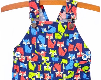 Handmade overalls, retro baby clothes, baby shower gifts, best baby gifts, gender neutral, dungarees, mod baby clothes - Foxy Overalls