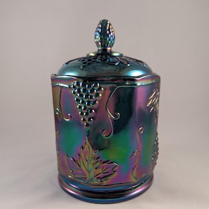 Indiana Glass Iridescent Blue Carnival Glass Candy Jar - 1970s Harvest Grape