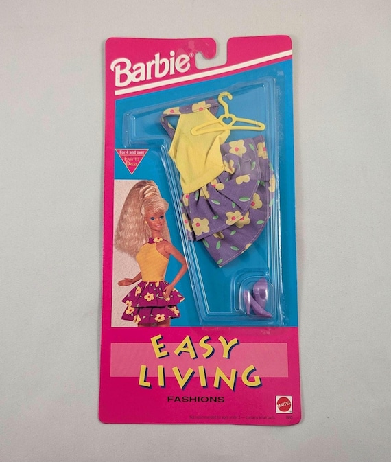 1992 Barbie Fashion Set: Purple Floral Dress, Yellow Halter