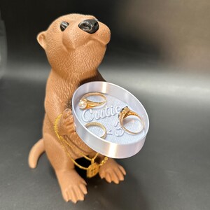 A cute otter-shaped jewelry holder with a trinket dish, available in multiple colors for added charm.