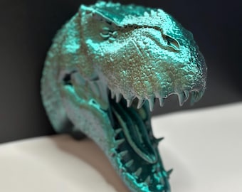 Escultura de pared con cabeza de dinosaurio verde para una decoración imaginativa