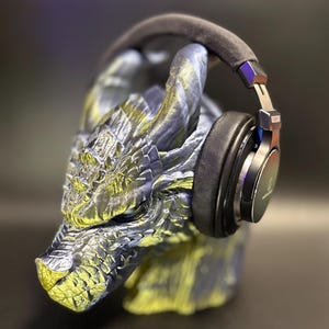 Support pour casque d&#39;écoute Dragon Majestic avec yeux rouges brillants - Finition dorée foncée