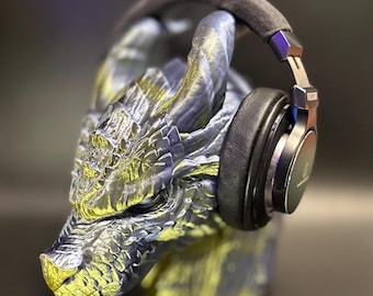 Majestic Dragon Headphone Stand with Glowing Red Eyes – Dark Golden Finish