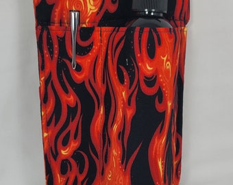 8oz bottle, lotion or oil, RIGHT hip massage therapy holster with pen pocket, Flames