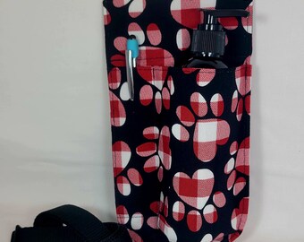 8oz bottle, lotion or oil, RIGHT hip massage therapy holster with pen pocket, Gingham Paw Print