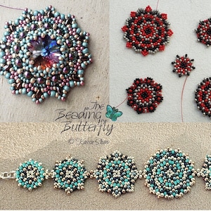 May include: A close-up of a beaded bracelet with a silver clasp. The bracelet is made of several round, multi-colored beads in shades of turquoise, black, and gold. The beads are arranged in a circular pattern, creating a starburst effect. The bracelet is a beautiful and unique piece of jewelry.