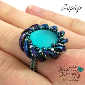Zephyr Ring Tutorial - Beading Pattern with Crescent Beads and Luna Cab Focal