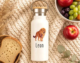 Personalisierter Kinder Thermobecher mit Namen & Tiermotiv als Geschenk zur Einschulung und Kita | Trinkflasche aus Edelstahl | 500 ml