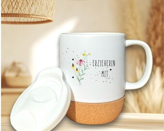 personalisierte Keramik Tasse | Korktasse | Geschenk Erzieherin | Lehrerin | Hebamme | Wildblumen | Danke sagen