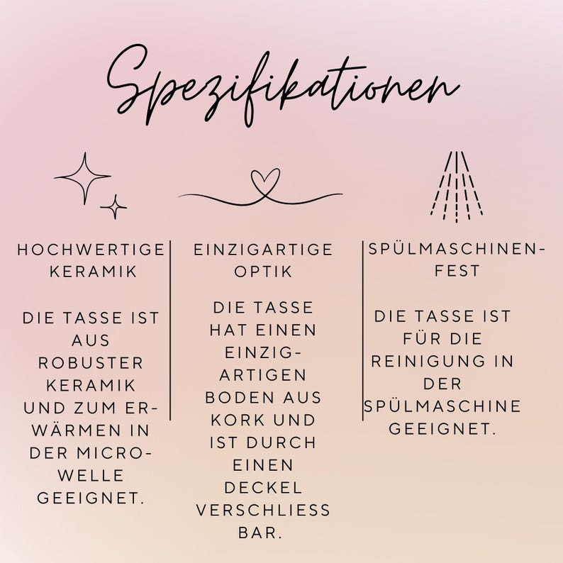 May include: An informational graphic with the title Spezifikationen featuring three sections. The first highlights ceramic material and microwave safety. The second describes a cork base and lid. The third notes dishwasher safety. The text is in German.