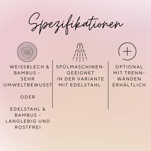 Pu&ograve; includere: Un grafico con la parola "Spezifikationen" in alto. Sotto, tre sezioni di testo: "WEISSBLECH & BAMBUS - SEHR UMWELTBEWUSST ODER EDELSTAHL & BAMBUS - LANGLEBIG UND ROSTFREI", "SP&Uuml;LMASCHINEN-GEEIGNET IN DER VARIANTE MIT EDELSTAHL" e "OPTIONAL MIT TRENNW&Auml;NDEN ERH&Auml;LTLICH".