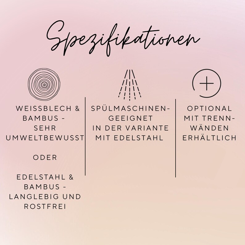 Pu&ograve; includere: Un grafico con la parola "Spezifikationen" in alto. Sotto, tre sezioni di testo: "WEISSBLECH & BAMBUS - SEHR UMWELTBEWUSST ODER EDELSTAHL & BAMBUS - LANGLEBIG UND ROSTFREI", "SP&Uuml;LMASCHINEN-GEEIGNET IN DER VARIANTE MIT EDELSTAHL" e "OPTIONAL MIT TRENNW&Auml;NDEN ERH&Auml;LTLICH".