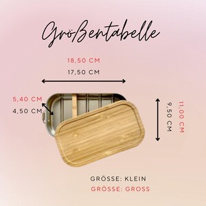 Pu&ograve; includere: Un contenitore in metallo e bamb&ugrave; con coperchio in bamb&ugrave;. Le dimensioni sono indicate in centimetri: 18,50 cm di lunghezza, 17,50 cm di larghezza, 11,00 cm di altezza e 9,50 cm di altezza. Il testo "Gr&ouml;&szlig;entabelle" &egrave; in alto.