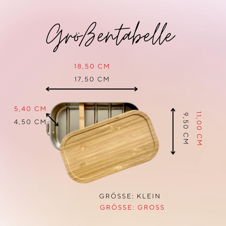 Pu&ograve; includere: Un contenitore in metallo e bamb&ugrave; con coperchio in bamb&ugrave;. Le dimensioni sono indicate in centimetri: 18,50 cm di lunghezza, 17,50 cm di larghezza, 11,00 cm di altezza e 9,50 cm di altezza. Il testo "Gr&ouml;&szlig;entabelle" &egrave; in alto.