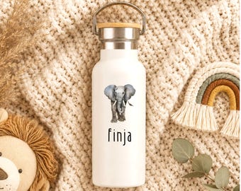 Personalisierter Kinder Thermobecher mit Namen & Tiermotiv als Geschenk zur Einschulung und Kita | Trinkflasche aus Edelstahl | 500 ml