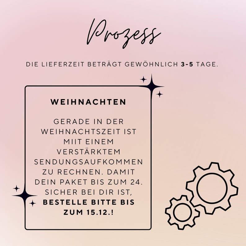 May include: A digital graphic with a soft pink gradient background featuring the text "Prozess" at the top and a black-bordered box containing German text about holiday shipping deadlines, accompanied by two black gear icons in the corner.