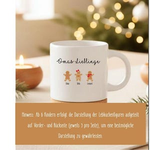 May include: A white ceramic mug featuring the black text Omas Lieblinge and three gingerbread figures labeled Oskar, Bella, and Leonard. The middle figure wears a red bow, and the right figure wears a red scarf. The mug has a handle on the right side.