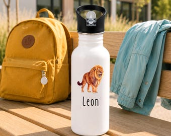 Personalisierte Kinder Trinkflasche mit Namen & Tiermotiv als Geschenk zur Einschulung und Kita | Edelstahl | 400 ml | 500 ml | 600 ml