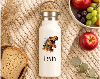 Personalisierter Kinder Thermobecher mit Namen & Tiermotiv als Geschenk zur Einschulung und Kita | Trinkflasche aus Edelstahl | 500 ml