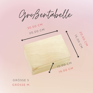 May include: A light-colored wooden box with dimensions labeled in centimeters. The box is rectangular, with measurements of 11.8 inches by 7.9 inches, and 5.9 inches high. The image also includes the text "Size Table".