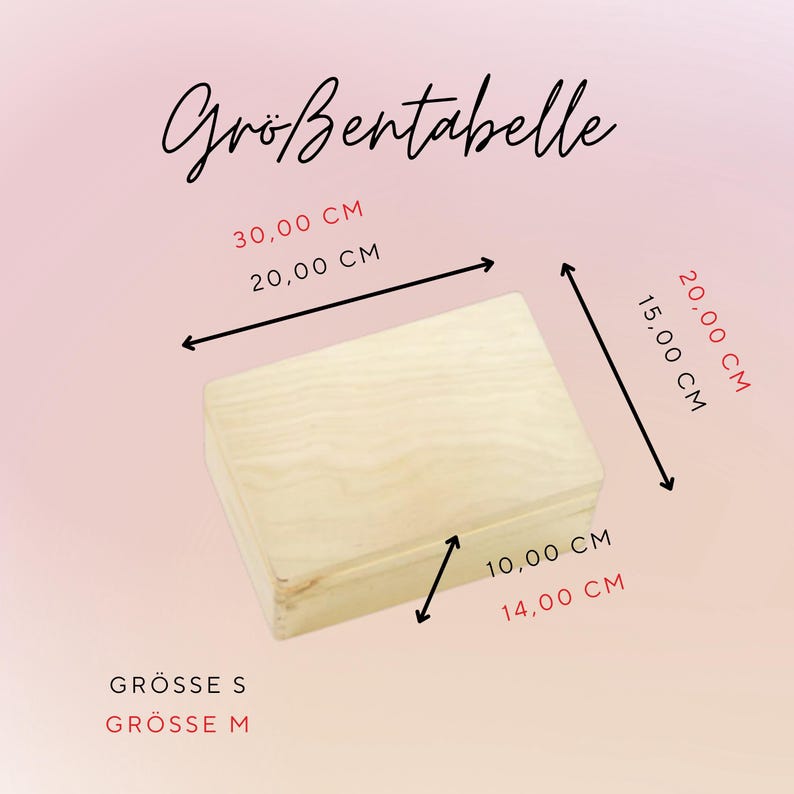 May include: A light-colored wooden box with dimensions labeled in centimeters. The box is rectangular, with measurements of 11.8 inches by 7.9 inches, and 5.9 inches high. The image also includes the text "Size Table".