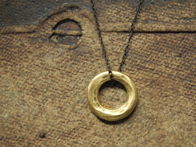 14k Gold Circle Pendant on an Oxidized Sterling Silver Chain Etsy