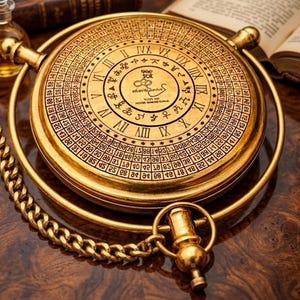 Może przedstawiać: Okrągły instrument nawigacyjny w kolorze mosiądzu z koncentrycznymi pierścieniami, cyframi rzymskimi, symbolami astrologicznymi i sekwencjami liczbowymi. W centrum znajduje się ikona klucza i tekst, otoczone metalowym łańcuchem i okrągłą ramą.