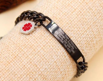 Custom Engraved Medical Alert Bracelet, Hypoallergenic Emergency ID Jewelry Gift for Men with Allergies Diabetes, Engravable Med Tag