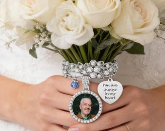 Personalized Memorial Bridal Bouquet Charm Custom Wedding Memory Photo Keepsake Flower Remembrance Brooch Gift for Her Him Something Blue
