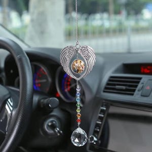 Custom Angel Wings Memorial Crystal Charm - Personalized Photo Keychain, Rear View Mirror Keepsake, Sympathy Gift & New Car Decor