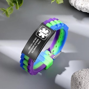 Bracelet d'identification médicale de sport avec bande en silicone réglable, bracelet d'alerte de santé d'urgence étanche pour homme femme 16-21 cm Cadeau pour elle et lui