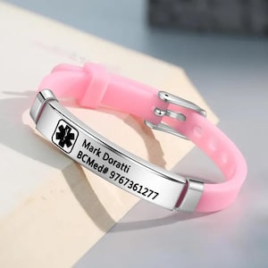 Bracelet d'alerte médicale pour enfants - Silicone imperméable réglable, bracelet d'identification d'urgence mince avec gravure gratuite, sécurité sanitaire des enfants