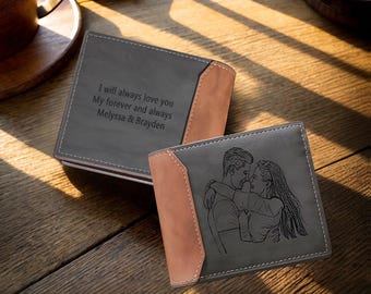 Portafoglio in pelle personalizzato per papà / Portafogli da uomo con foto incisa personalizzata, portafoglio sottile in pelle regalo per il marito - Regalo per la festa del papà