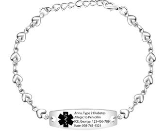 Custom Engraved Medical Alert Bracelet, Hypoallergenic Emergency ID Jewelry Gift for Women with Allergies Diabetes, Engravable Med Tag