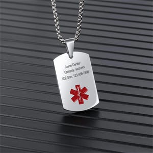 Custom Medical Alert Necklace for Men Women Stainless Steel Engraved Medical ID Tag Emergency Med Alert Necklace for Men