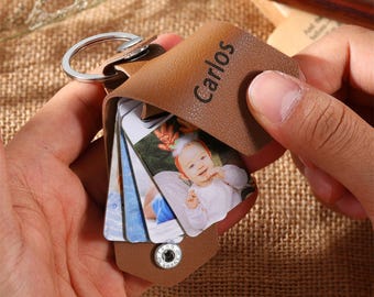Personalized 1-4 Photo Leather Keychain for Dad, Custom Engraved Photo Keyring, Anniversary & First Father's Day Gift for Him Her
