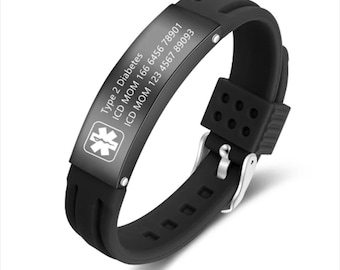 Custom Engraved Medical Alert Bracelet, Hypoallergenic Emergency ID Jewelry Gift for men with Allergies Diabetes, Engravable Med Tag