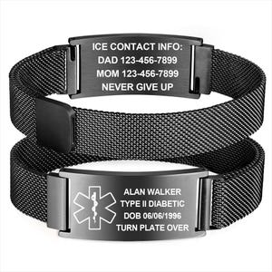 May include: Two black medical alert bracelets. One bracelet has the text "ICE CONTACT INFO: DAD 123-456-7899 MOM 123-456-7899 NEVER GIVE UP". The other bracelet has the text "ALAN WALKER TYPE II DIABETIC DOB 06/06/1996 TURN PLATE OVER".