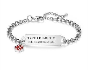 Custom Engraved Medical Alert Bracelet, Hypoallergenic Emergency ID Jewelry Gift for Women with Allergies Diabetes, Engravable Med Tag