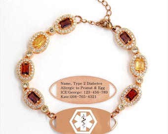 Custom Engraved Medical Alert Bracelet, Hypoallergenic Emergency ID Jewelry Gift for Women with Allergies Diabetes, Engravable Med Tag