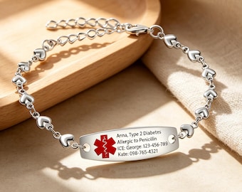 Custom Engraved Medical Alert Bracelet, Hypoallergenic Emergency ID Jewelry Gift for Women with Allergies Diabetes, Engravable Med Tag