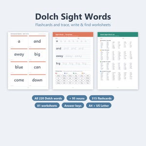 Può includere: Materiale didattico intitolato Dolch Sight Words che include flashcard e schede di lavoro per tracciare, scrivere e cercare. Il set contiene 220 parole Dolch, 95 sostantivi, 315 flashcard, 81 schede, chiavi di risposta, formati A4 e US Letter.