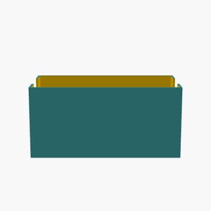 May include: A rectangular container with a solid teal exterior and a contrasting mustard yellow interior. The object features clean, straight edges and a wide, open top, presenting a simple, box-like structure with a flat base and vertical sides.