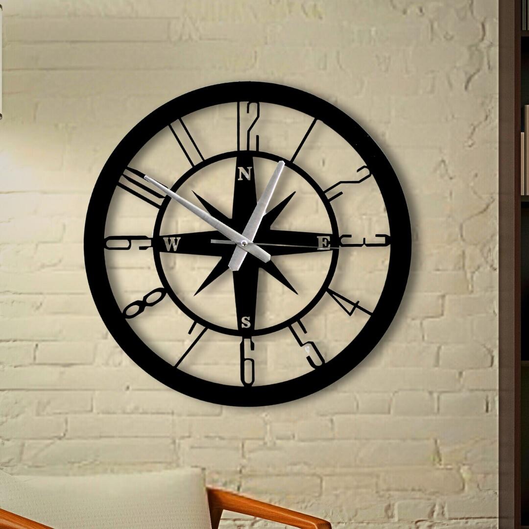 Compass Wall Clock – 40cm Black Metal Silent Clock | Handmade Laser Cut ...