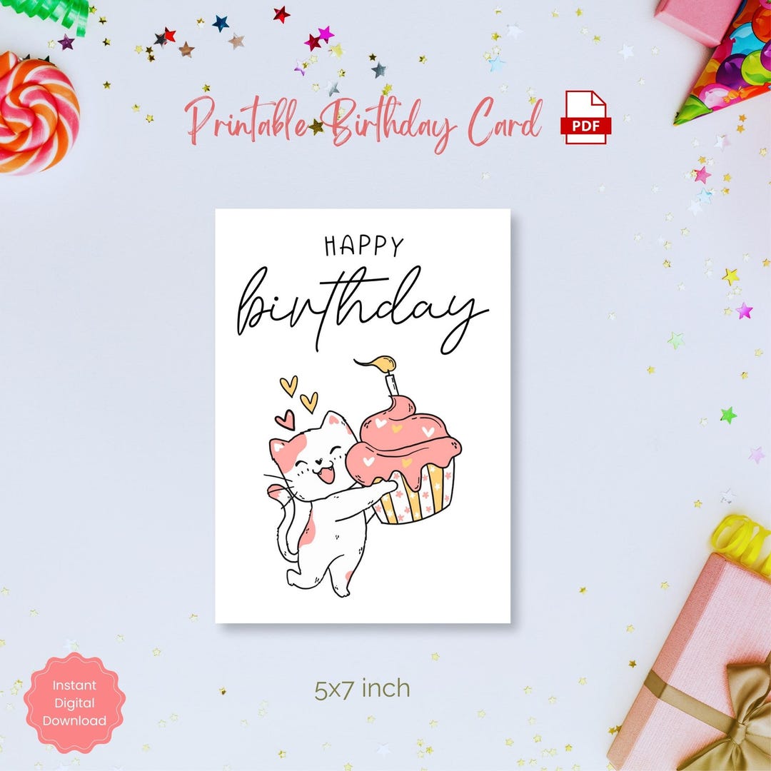 Printable Birthday Greeting Card for Cat Lovers, 5x7 Card, Cute Cat ...
