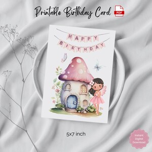 Biglietto di auguri di compleanno stampabile per bambini, biglietto 5x7, grazioso design a tema fata fungo, download digitale istantaneo PDF, auguri di buon compleanno